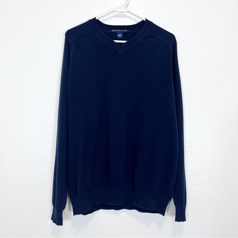 Devon & Jones Cotton Navy Blue V-Neck Sweater Size Large